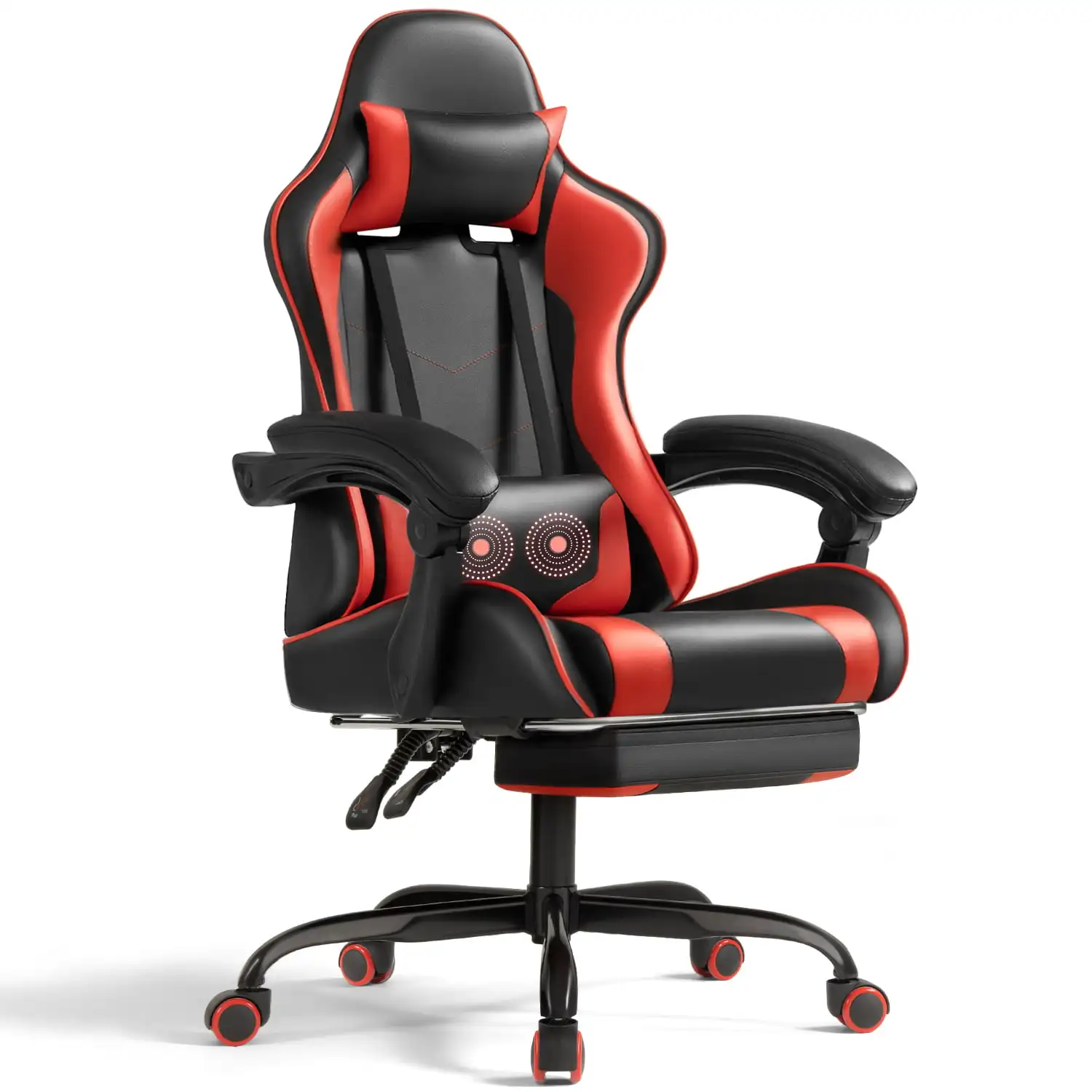 Игровое кресло Lacoo из искусственной кожи, Массажное Эргономичное кресло для геймеров, регулируемое по высоте Компьютерное кресло с подставкой для ног и поясничной поддержкой, красный